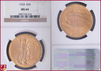 20 Dollars, 1924, Gold, Fr. 185, in NGC holder nr. 3587736-014. NO (0%) BUYER'S PREMIUM ON THIS LOT.

MS 64