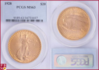 20 Dollars, 1928, Gold, Fr. 185, in PCGS holder nr. 9189.63/16731037. NO (0%) BUYER'S PREMIUM ON THIS LOT.

MS 63