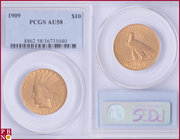 10 Dollars, 1909, Gold, Fr. 166, in PCGS holder nr. 8862.58/16731040. NO (0%) BUYER'S PREMIUM ON THIS LOT.

AU 58