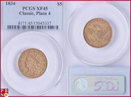 5 Dollars, 1834, Gold, Classic, Plain 4, Fr. 135, in PCGS holder nr. 8171.45/15045337. NO (0%) BUYER'S PREMIUM ON THIS LOT.

XF 45