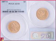 5 Dollars, 1857-S (San Francisco mint),, Gold, Fr. 142, in PCGS holder nr. 8275.53/16575511. NO (0%) BUYER'S PREMIUM ON THIS LOT.

AU 53