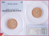 5 Dollars, 1861, Gold, Fr. 138, in PCGS holder nr. 8288.53/16575512. NO (0%) BUYER'S PREMIUM ON THIS LOT.

AU 53