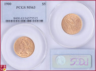 5 Dollars, 1900, Gold, Fr. 143, in PCGS holder nr. 8400.63/16575515. NO (0%) BUYER'S PREMIUM ON THIS LOT.

MS 63