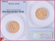 5 Dollars, 1909-D (Denver mint), Gold, Fr. 151, in PCGS holder nr. 8514.53/16557695. NO (0%) BUYER'S PREMIUM ON THIS LOT.

AU 53