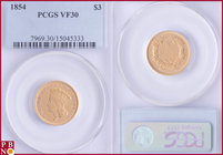 3 Dollars, 1854, Gold, Fr. 124, in PCGS holder nr. 7969.30/15045333. NO (0%) BUYER'S PREMIUM ON THIS LOT.

VF 30