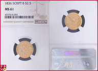 2½ Dollars, 1836, Gold, Fr. 110, in NGC holder nr. 4377315-005. NO (0%) BUYER'S PREMIUM ON THIS LOT. Very desiderable in this grade.

MS 61