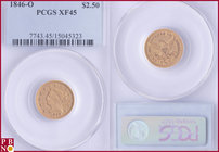 2½ Dollars, 1846-O (New Orleans mint), Gold, Fr. 118, in PCGS holder nr. 7743.45/15045323. NO (0%) BUYER'S PREMIUM ON THIS LOT.

XF 45