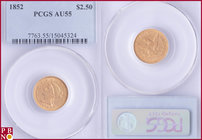2½ Dollars, 1852, Gold, Fr. 114, in PCGS holder nr. 7763.55/15045324. NO (0%) BUYER'S PREMIUM ON THIS LOT.

AU 55