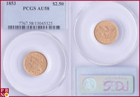 2½ Dollars, 1853, Gold, Fr. 114, in PCGS holder nr. 7767.58/15045325. NO (0%) BUYER'S PREMIUM ON THIS LOT.

AU 58