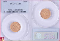 2½ Dollars, 1879, Gold, Fr. 114, in PCGS holder nr. 7830.55/15045321. NO (0%) BUYER'S PREMIUM ON THIS LOT.

AU 55