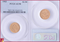 2½ Dollars, 1903, Gold, Fr. 114, in PCGS holder nr. 7855.58/15045329. NO (0%) BUYER'S PREMIUM ON THIS LOT.

AU 58