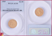 2½ Dollars, 1909, Gold, Fr. 120, in PCGS holder nr. 7940.55/16557703. NO (0%) BUYER'S PREMIUM ON THIS LOT.

AU 55