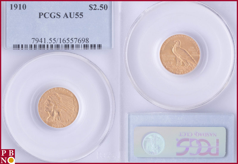 2½ Dollars, 1910, Gold, Fr. 120, in PCGS holder nr. 7941.55/16557698. NO (0%) BU...