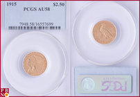 2½ Dollars, 1915, Gold, Fr. 120, in PCGS holder nr. 7948.58/16557699. NO (0%) BUYER'S PREMIUM ON THIS LOT.

AU 58