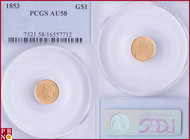 1 Dollar, 1853, Gold, Fr. 84, in PCGS holder nr. 7521.58/16557712. NO (0%) BUYER'S PREMIUM ON THIS LOT.

AU 58