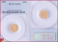 1 Dollar, 1861, Gold, Fr. 94, in PCGS holder nr. 7558.55/15045318. NO (0%) BUYER'S PREMIUM ON THIS LOT.

AU 55