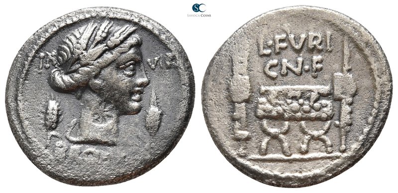 L. Furius Cn. f. Brocchus 63 BC. Rome
Denarius AR

19mm., 3,64g.



very ...