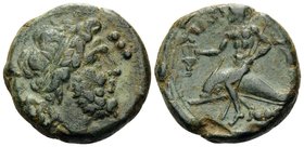 APULIA. Teate. Circa 225-200 BC. Teruncius (Bronze, 22 mm, 11.50 g, 4 h). Diademed head of Poseidon to right; three pellets ( mark of value ) to right...