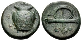 LUCANIA. Herakleia. Circa 3rd century BC. (Bronze, 13 mm, 2.48 g, 7 h). Skyphos. Rev. Quiver with strap and bow. HN III 1443. Van Keuren 153. Solid gr...