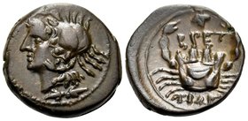 BRUTTIUM. The Brettii. Circa 282-203 BC. Quartuncia (Bronze, 13.5 mm, 1.99 g, 1 h). Head of Amphitrite to left, wearing crab helmet; below, thunderbol...
