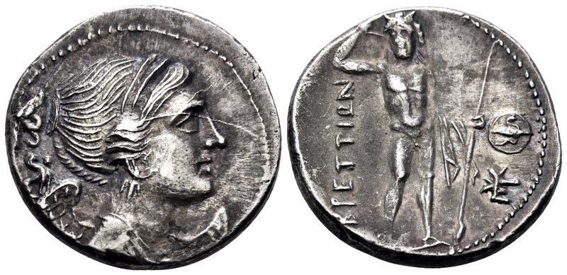 BRUTTIUM. The Brettii. Circa 216-214 BC. Drachm (Silver, 18 mm, 4.66 g, 10 h), i...