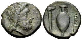 BRUTTIUM. Hipponion. Circa 350-275 BC. Obol (Bronze, 20 mm, 5.96 g, 9 h). Laureate head of Zeus to right. Rev. EIΠΩNIEΩN Amphora; to left, lighted tor...