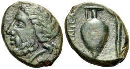 BRUTTIUM. Hipponion. Circa 350-275 BC. Obol (Bronze, 19 mm, 4.66 g, 8 h). Laureate head of Zeus to left. Rev. EIΠΩNIEΩN Amphora; to right, lighted tor...