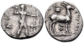 BRUTTIUM. Kaulonia. Circa 440-400 BC. Third Nomos (Silver, 16 mm, 2.26 g, 3 h). KAY Apollo, nude, striding right, brandishing laurel branch in his upr...