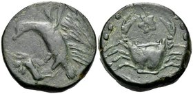 SICILY. Akragas. Circa 415-406 BC. Hemilitron (Bronze, 26 mm, 18.57 g, 2 h). AKPA Eagle to left, clutching dead hare in its talons. Rev. Crab; above, ...