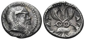 SICILY. Katane. Circa 461-450 BC. Litra (Silver, 11 mm, 0.80 g, 5 h). Head of Silenos to right, balding, with an animal ear, and a long beard. Rev. KA...