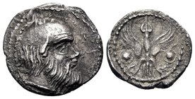 SICILY. Katane. Circa 430-415/3 BC. Litra (Silver, 11.5 mm, 0.70 g, 6 h), c. 415. Head of Silenos to right, balding, with an animal ear, and a long be...
