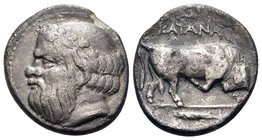 SICILY. Katane. Circa 405-403/2 BC. Hemidrachm (Silver, 14.5 mm, 1.70 g, 12 h). Ivy-wreathed head of Silenos to left, balding, with an animal ear, and...
