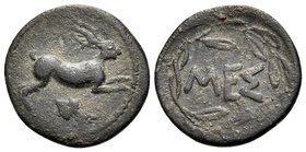 SICILY. Messana. Circa 445-439 BC. Litra (Silver, 11.5 mm, 0.72 g, 6 h). Hare springing to right; below, ivy leaf. Rev. MEΣ within olive wreath with t...