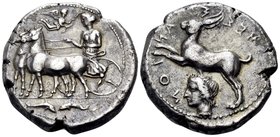 SICILY. Messana. 412-408 BC. Tetradrachm (Silver, 25 mm, 17.03 g, 8 h). Nymph Messana, wearing chiton and holding reins with both hands, driving biga ...