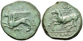 SICILY. Syracuse. Dionysios II, 367-357 BC. Unit (Bronze, 22 mm, 8.74 g, 2 h), “Kainon” issue. Griffin bounding left; below, locust. Rev. KAINON Bridl...