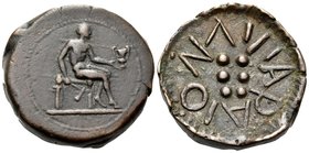 ISLANDS OFF SICILY, Lipara. Circa 420-400 BC. Hemilitron (Bronze, 22 mm, 8.11 g). Hephaistos seated right, holding kantharos with tall handles. Rev. Λ...