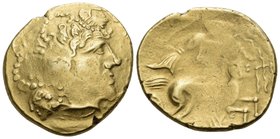 CELTIC, Northwest Gaul. Andecavi. Circa 120-50 BC. Stater (Gold, 20 mm, 7.53 g, 1 h), "au décor cloisonné" series. Celticized head of Apollo to right,...