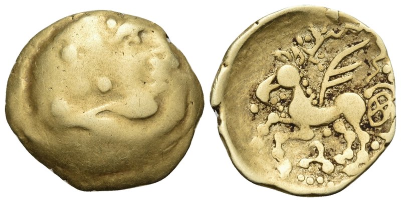 CELTIC, Northwest Gaul. Uncertain tribe. Circa 220-180 BC. Quarter Stater (Gold,...