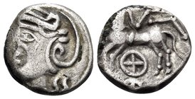 CELTIC, Central Gaul. Lingones. 1st century BC. Quinarius (Silver, plated, 12.5 mm, 1.56 g, 6 h), "Kaletedes" series, Langres region. Helmeted head of...