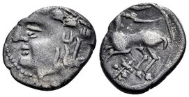 CELTIC, Southeast Gaul. Allobroges. Circa 100-75 BC. Drachm (Silver, 16 mm, 2.30 g, 3 h), region of Savoy. Celticized laureate male head to left. Rev....