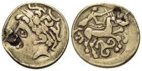 CELTIC, Central Europe. Helvetii. 2nd century BC. Quarter Stater (Electrum, 14.5 mm, 1.78 g, 3 h). Laureate head of Apollo to left. Rev. Deconstructed...