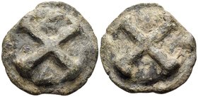APULIA. Luceria. Circa 217-212 BC. Quincunx (Bronze, 32 mm, 34.23 g, 12 h). Wheel of four spokes in an 'X' pattern; in upper quarter, five pellets (= ...