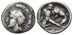 CALABRIA. Tarentum. Circa 325-280 BC. Diobol (Silver, 11.5 mm, 1.13 g, 3 h). Head of Athena to left, wearing crested Attic helmet decorated with a win...