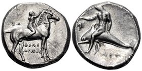 CALABRIA. Tarentum. Circa 302-280 BC. Nomos (Silver, 20 mm, 7.87 g, 8 h), Philiarchos. ΦIΛI-APXOΣ Youthful nude jockey on horse standing right, holdin...