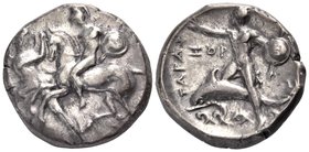 CALABRIA. Tarentum. 302-280 BC. Nomos (Silver, 20 mm, 7.67 g, 9 h). On the left, Nike standing facing, turned slightly to the right to grasp the reins...