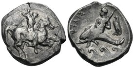 CALABRIA. Tarentum. Circa 290-281 BC. Stater (Silver, 21 mm, 7.85 g, 8 h), Philis, magistrate. Nude rider on horse prancing to right, holding round sh...
