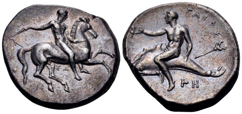 CALABRIA. Tarentum. Circa 290-281 BC. Stater (Silver, 21 mm, 7.95 g, 3 h). ΣA Nu...