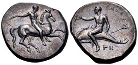 CALABRIA. Tarentum. Circa 290-281 BC. Stater (Silver, 21 mm, 7.95 g, 3 h). ΣA Nude rider on horse prancing to right, holding whip. Rev. TAPAΣ / ⊢H Pha...