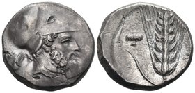 LUCANIA. Metapontum. Circa 340-330 BC. Didrachm or nomos (Silver, 20 mm, 7.91 g, 9 h). Bearded head of Leukippos to right, wearing Corinthian helmet; ...