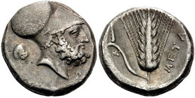 LUCANIA. Metapontum. Circa 340-330 BC. Nomos or Didrachm (Silver, 20 mm, 7.84 g, 9 h), Ami.... Head of Leukippos to right, wearing Corinthian helmet; ...